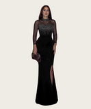 Beaded Mesh Panel Dress Long-Sleeved Cinched Waist