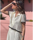 Leisure Shirt With Lace Collar And Long Skirt Set White