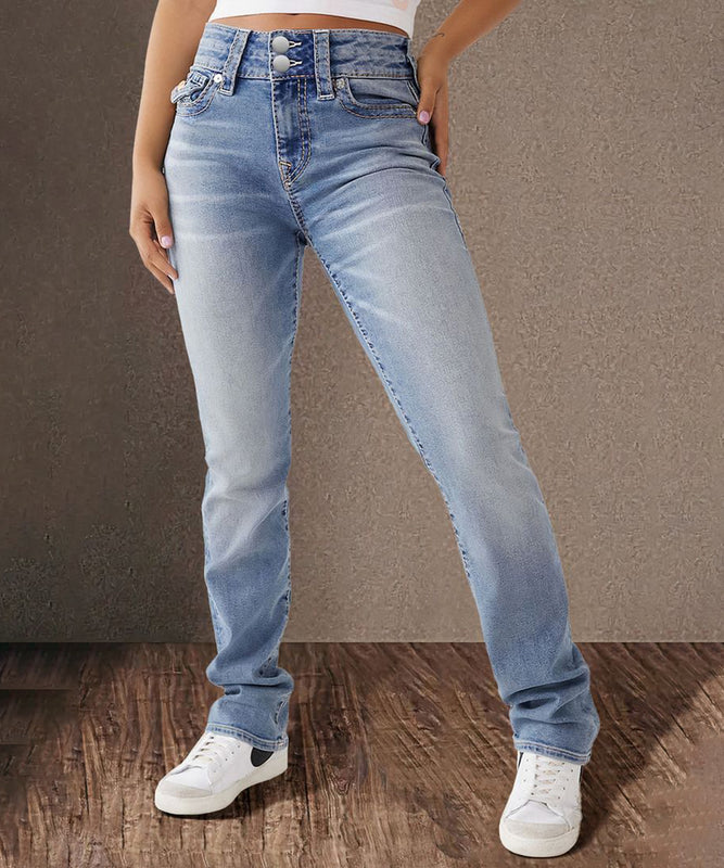Stylish Straight-Leg Jeans With Mid-Waist Buttons in Denim