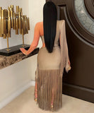 Asymmetric Single Shoulder Fringed Long Dress in Black Gold Blue