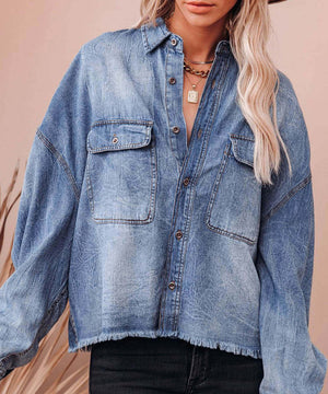 Loose Denim Shirt Drop Shoulder Blue Shirt with Large Pockets