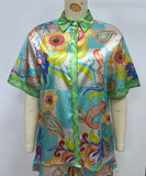 Positioned Print Open Cardigan Shirt And Short Pants Set