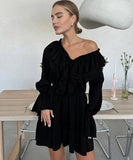 Elegant V-Neck White Dress with Flared Sleeves and Ruffled Details