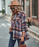 Collared Long Sleeve Pocket Casual Check Shirt Polyester