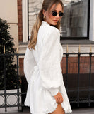 Chic Lace-up Ruffled Long-Sleeved Dress in Elegant White