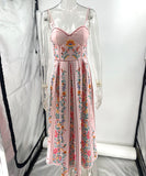 Beaded Halter Neck Sleeveless Pink Printed Dress for Party