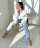 Chic Sexy Deep V-Neck Wooden Ear Edge Long Sleeve Lace Shirt