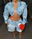 Retro Washed Distressed Patchwork Denim Suit for Trendsetters