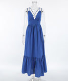 Stylish V-Neck Halter Dress with Open Back in Blue Hue