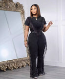 Solid Color Short Sleeve Stretch Fringed Clothing Set