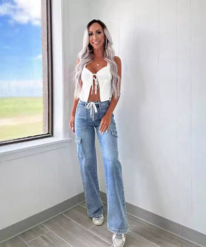 Lace-Up Multi-Pocket Straight-Leg Denim Jeans