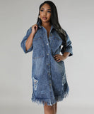 Denim Dress With Frayed Hem And Fringed Sleeves