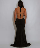 Off-The-Shoulder Fish-Tail Slit Dress With Cutout Design Sleek Evening Silhouette