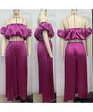 Elegant Plunging Pleated Pants Set Solid Colors Everyday