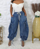 Loose Straight Leg Jeans With Drawstring Tie And Bow Detail