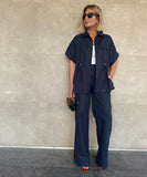 Casual Workwear Drawstring Shirt And Trousers Set Navy