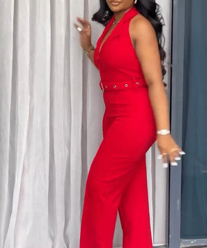 Halter Back V-Neck Button-Down Wide-Leg Jumpsuit for Elegant Style