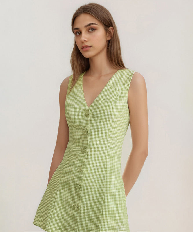 A Checkered V-Neck Button-Down Sleeveless Mini Skirt Dress for Chic Summer Style