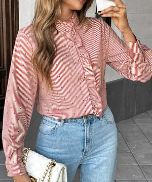 Casual Striped Button Down Shirt With Wooden Earflaps