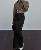 High Waisted Slit Pleated Flower Decorated Half Length Dress