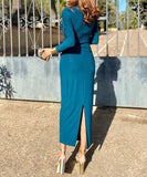 Peacock Blue Womens High Waisted Long Sleeve Dress