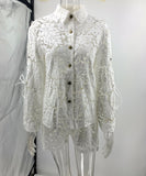 Beige Lace Blouse And Shorts Set Open Neck Long Sleeves