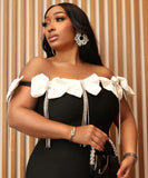 White Large Bow Brooch Dress with Sequins and Diamond Chain