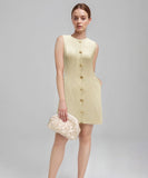 A Slim-Fitting Button-Down Sleeveless Short Skirt in the Style of a Socialite