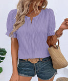 Chic V-Neck Puffed Sleeve Jacquard Casual Loose T-Shirt