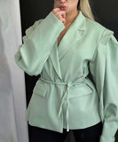 Classic Waist Cinching Belted Padded-Shoulder Jacket