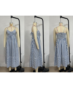 Women's V Neck Striped Bandeau Dress in Blue Cyan Pink Yellow
