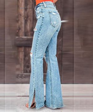 High-Waisted Edgy Denim Pants with Fashionable Split Detail