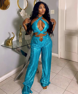 Pleated Strap Halter Two-Piece Set for Stylish Summer Vibes