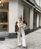 Fashionable Loose Warm Retro Lambskin Coat Deep Brown