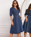 Curved Fitted Denim Dress with Short Sleeves and Waist Detail