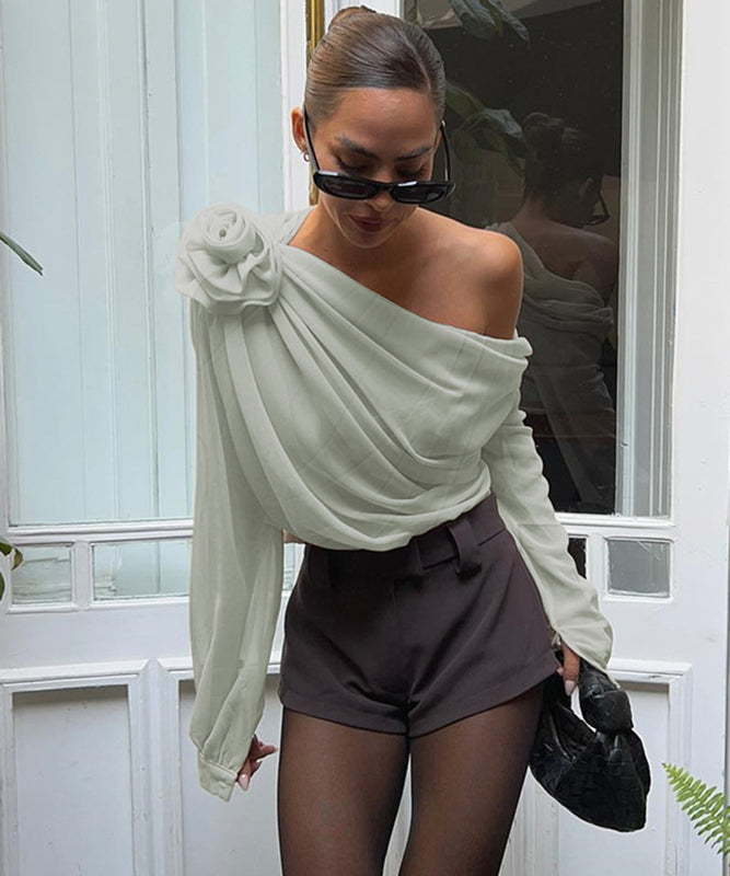 Chic Sexy Fashion Diagonal Shoulder Chiffon Slim-Fit T-Shirt