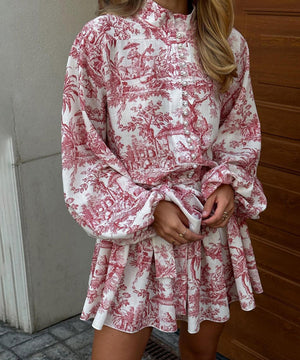 Chic Printed Lace-Up Dress with Puffed Sleeves and Stand Collar