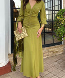 V Neck Fitted Dress Yellow Green Long Sleeve Bodycon