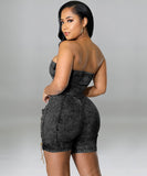 Sexy Off The Shoulder Denim Jumpsuit With Copper Chains