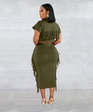 A Two-Piece Set of Solid-Color Fringed Round-Neck Short-Sleeve Long Dress