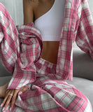 Stylish Pink Plaid Two-Piece Set for Women with Long Sleeves