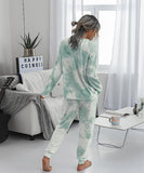 Large Size Tie-Dye Long Sleeve Home Wear Set in Green