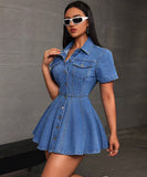 Casual Denim Blazer Dress with Cowl Neck and Short Sleeves