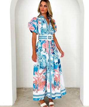 Casual Long Printed Dress with Cinched Waist in Blue