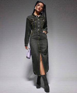 Stylish Denim Long Dress with Slit and Button-Down Collar