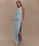 Round-Neck Backless Sleeveless Pleated Slit Dress Elegant Evening Cocktail Party Attire