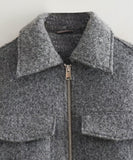 Short Loose Wool Coat Pearl Trim Casual Polyester Gray