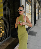 Backless Green Casual Outfit with Neck-Revealing Design
