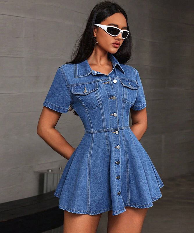 Casual Denim Blazer Dress with Cowl Neck and Short Sleeves