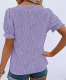 Chic V-Neck Puffed Sleeve Jacquard Casual Loose T-Shirt